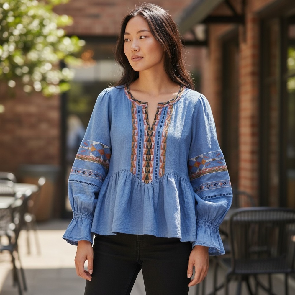Linen Blend Embroidered Peasant Blouse flared cuffs Cottagecore Blue Top SZ M